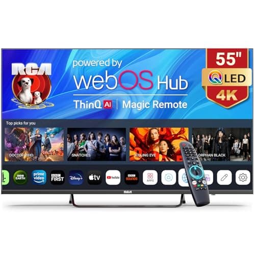 RCA Web OS TV 55-inch QLED 4K UHD Smart TV, MEMC HDR10 ThinQ AI, Voice Magic Remote Dolby Audio